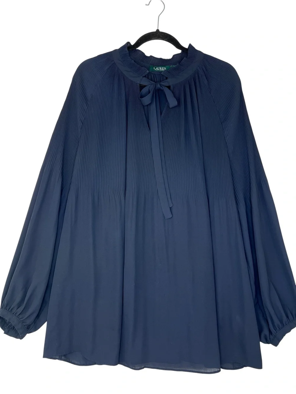 Lauren Ralph Lauren Georgette Tie-Neck Top LRL Blue 3XL Pleated Classic Office